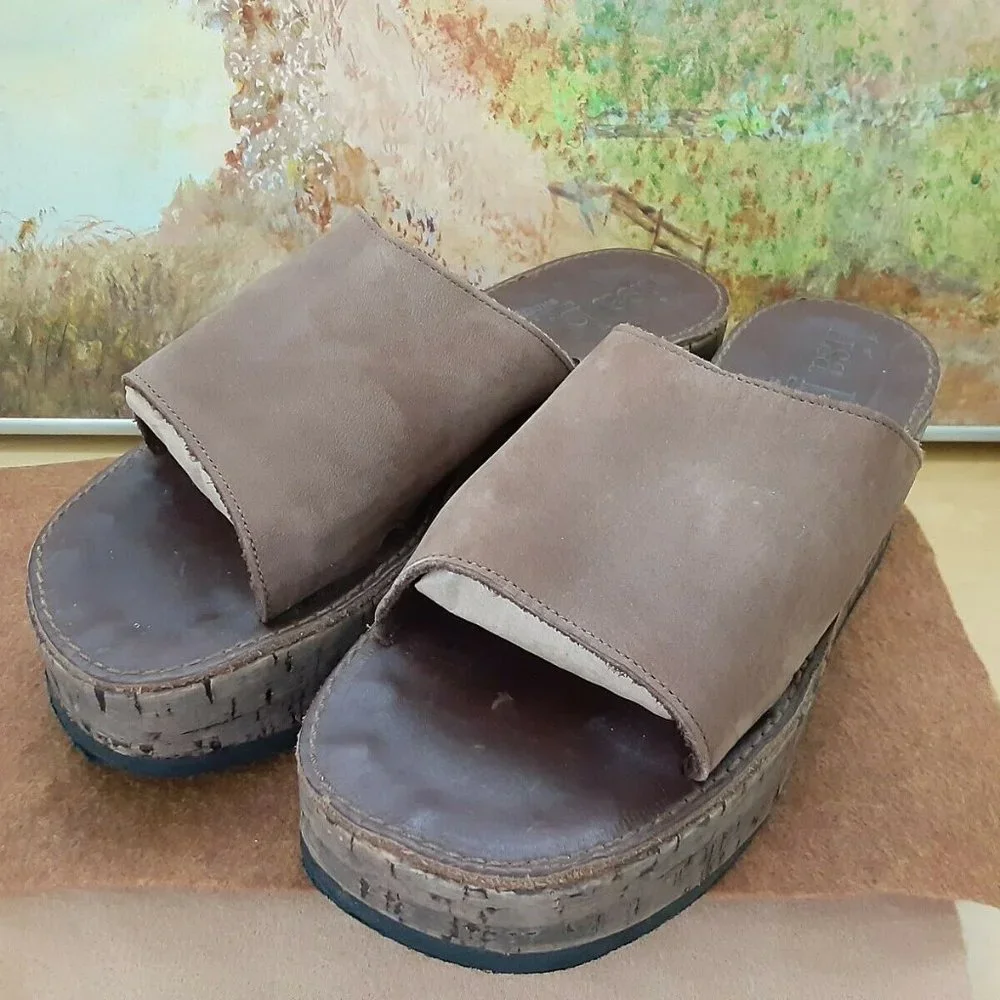 Slide Sandals Brown Suede Cork Platform Lisa B‎ EUC